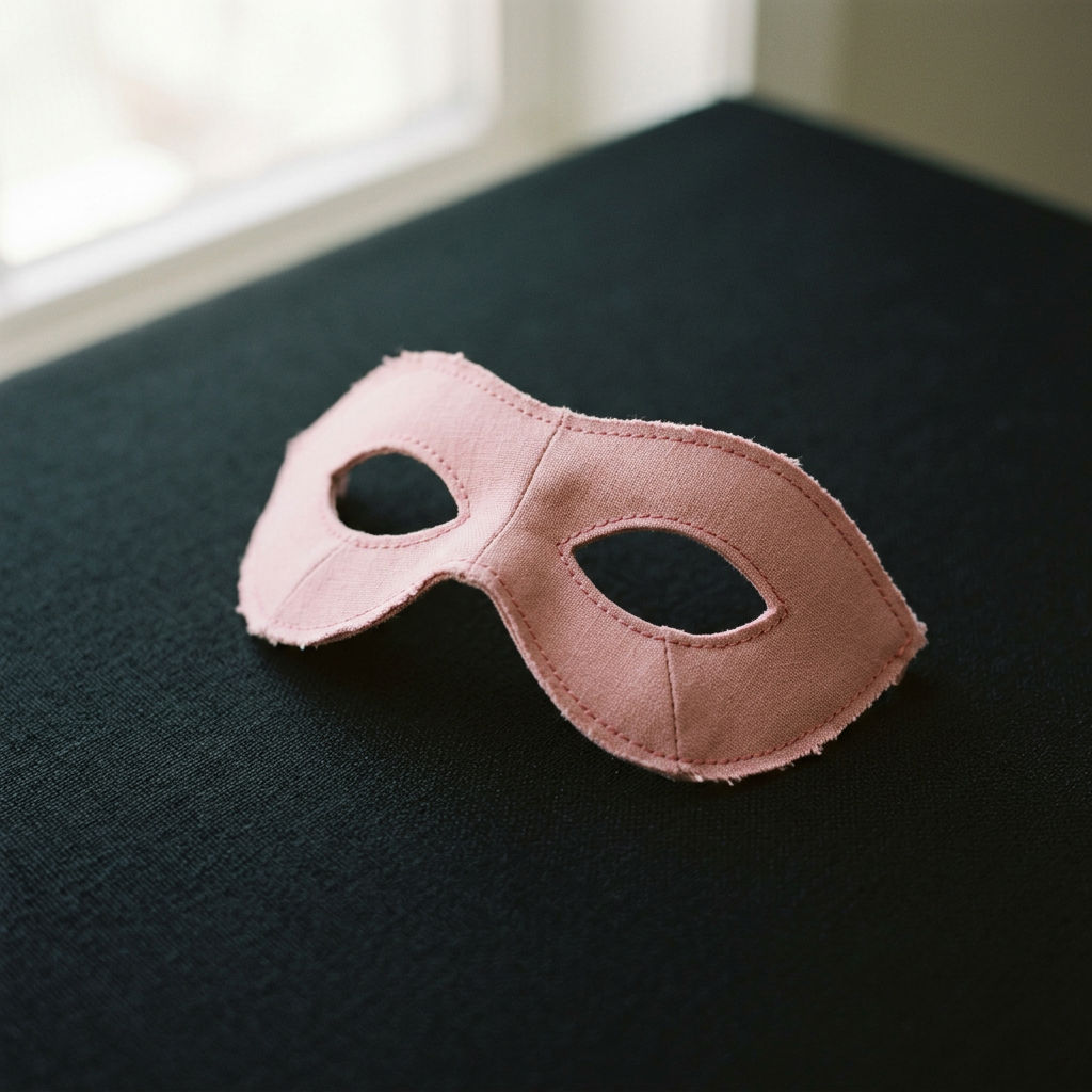 Pink masquerade mask resting on a dark fabric surface